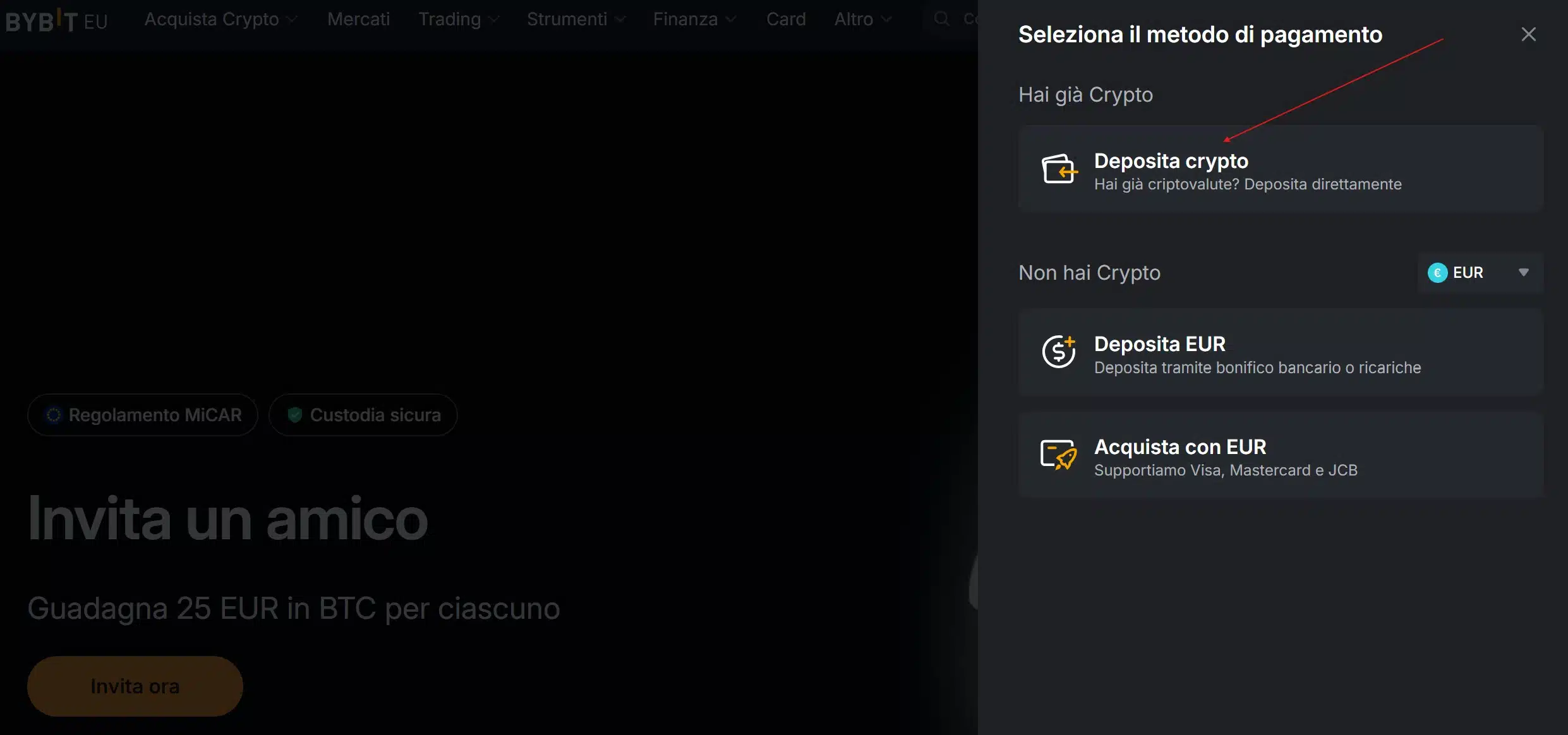 Accesso alla sezione deposito crypto per trasferimento criptovalute tra exchange
