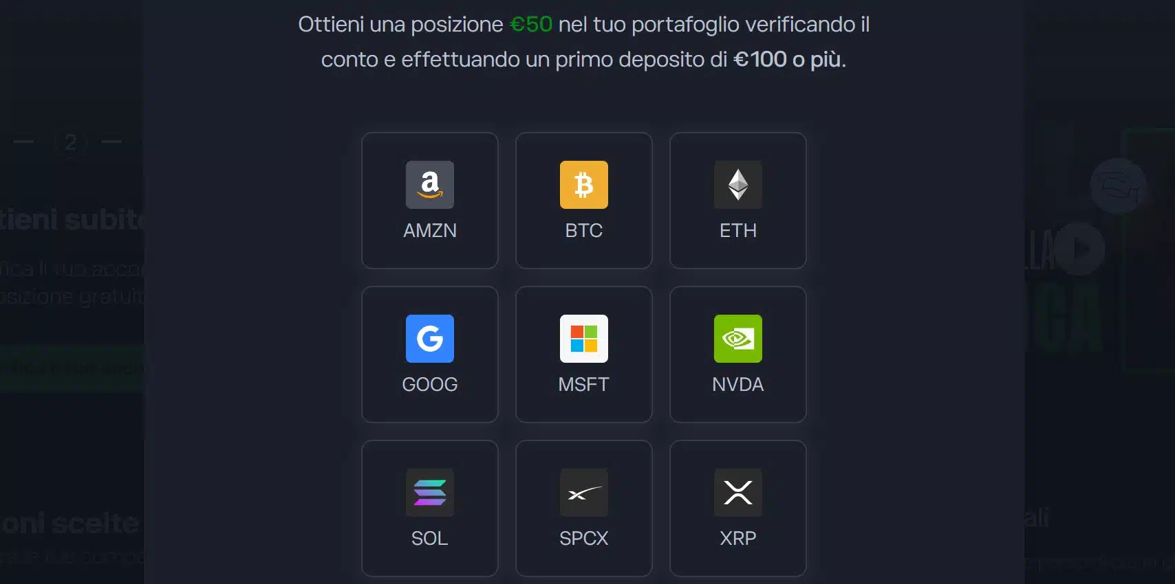Scelta asset Bonus sul primo deposito da almeno 100€
