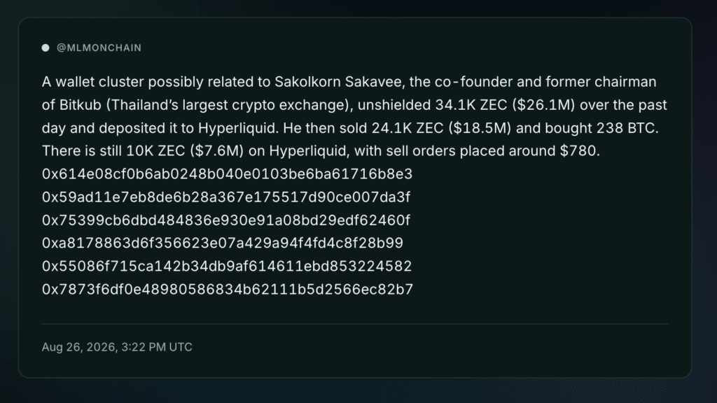 Balena operazioni $ZEC MLM onchain messaggio