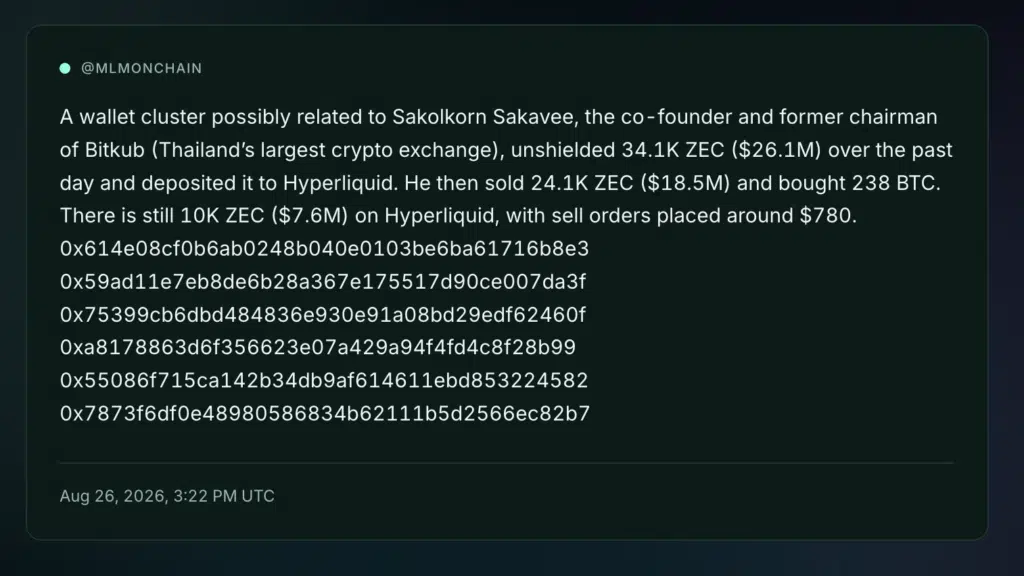 Balena operazioni $ZEC MLM onchain messaggio
