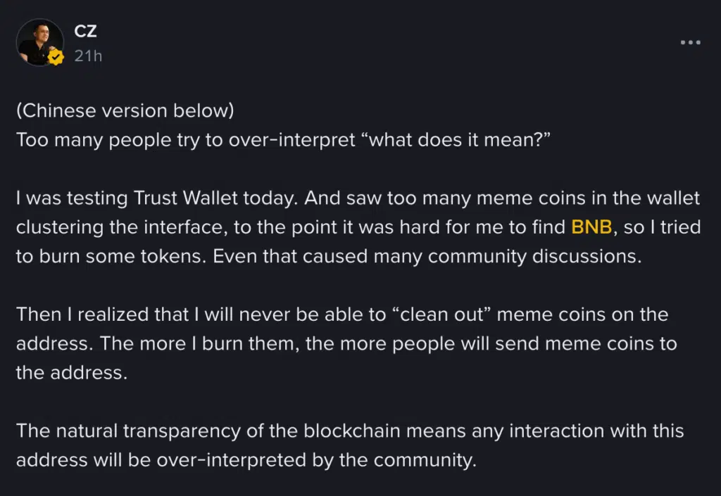 CZ spiega il motivo del burn di memecoin