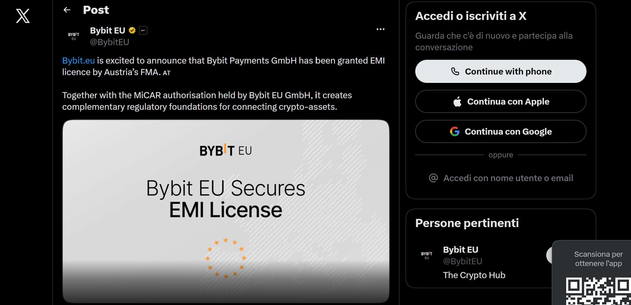 Bybit EU licenza EMI su X
