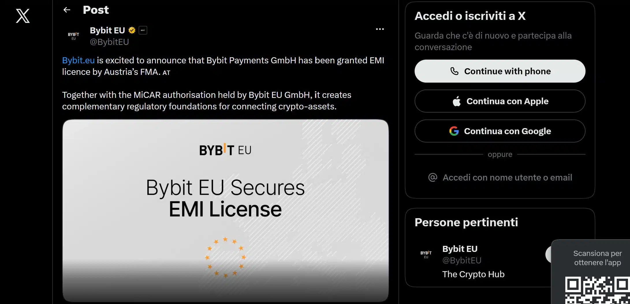 Bybit EU licenza EMI su X