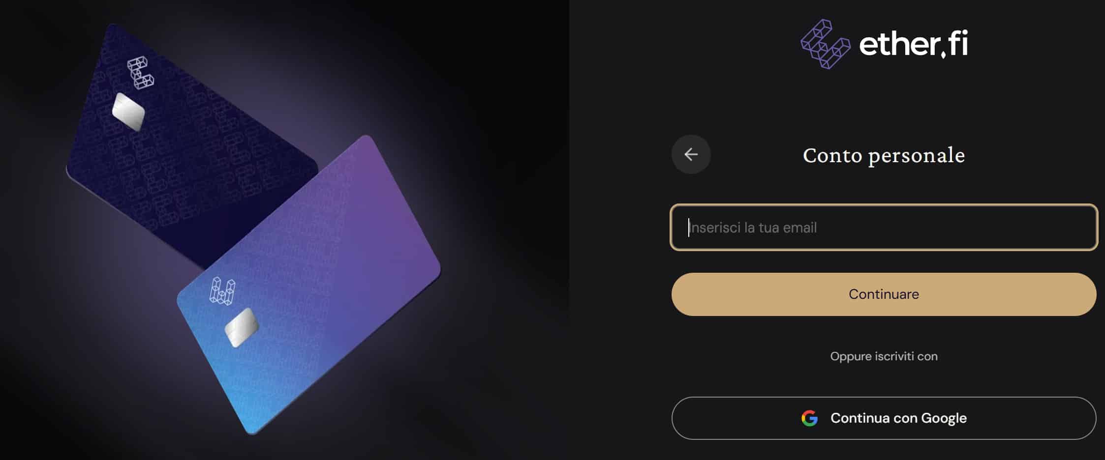 EtherFi Card - inserimento dati