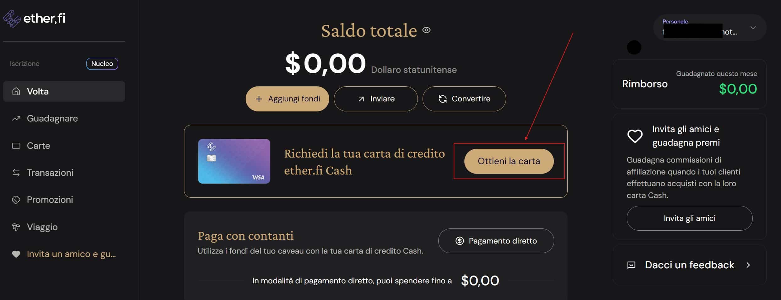 Richiedere la carta EtherFi