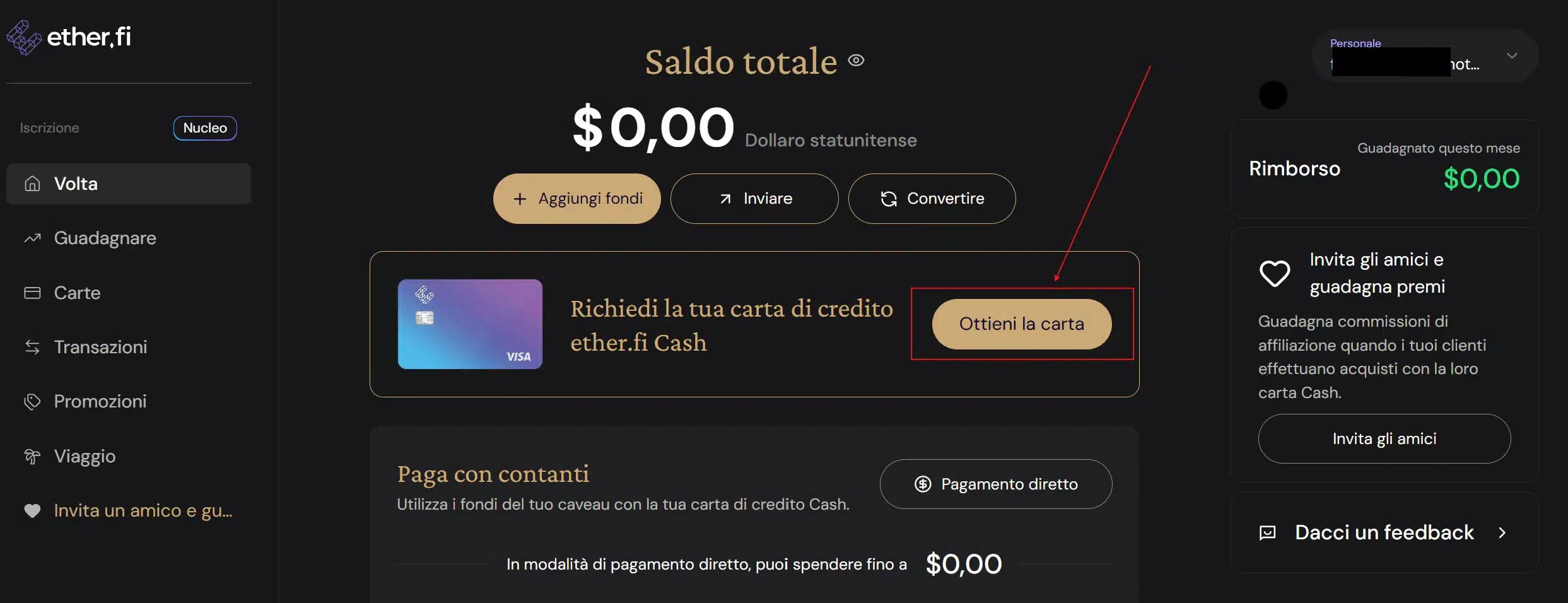 Richiedere la carta EtherFi
