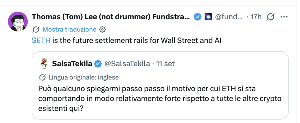 Post di Tom Lee su X - 11 settembre - Fonte X