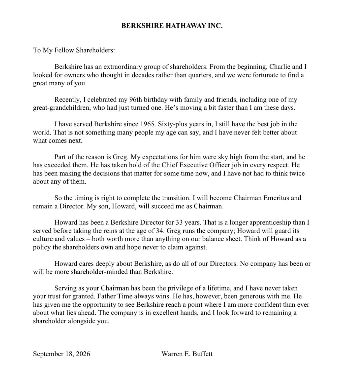 Warren Buffett non sarà più presidente di Berkshire Hathaway. La lettera agli investitori: “Ha vinto Padre Tempo”