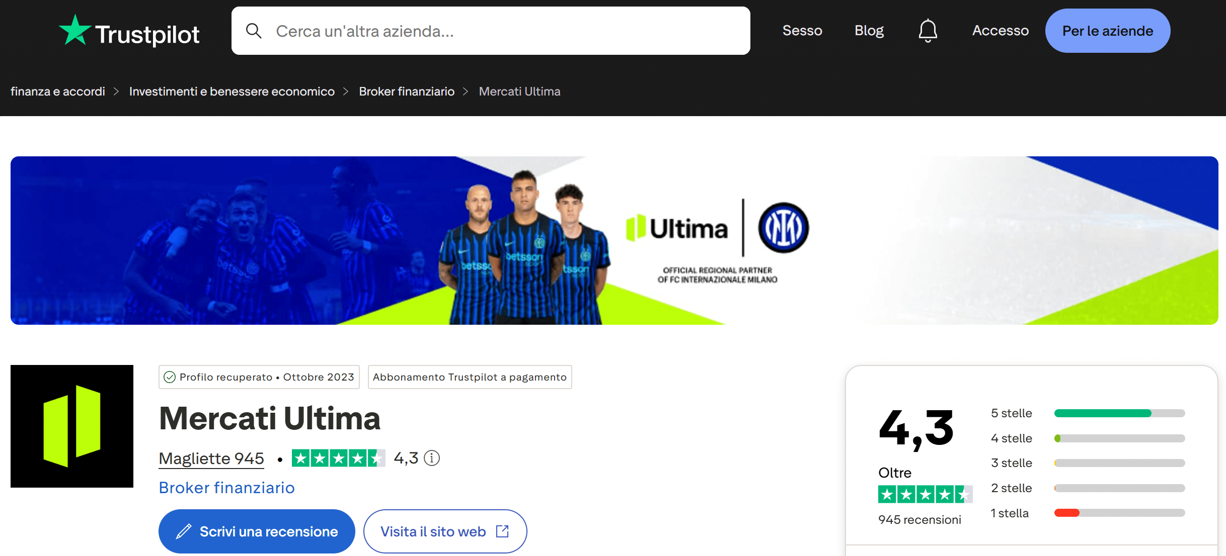 Ultima Markets su TrustPilot - recensioni positive e negative