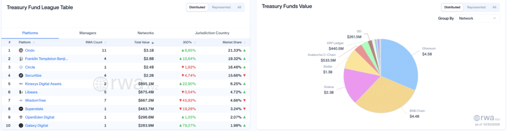 Treasury tokenizzati per piattaforma e blockchain - Fonte rwa.xyz