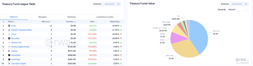 Treasury tokenizzati, piattaforme e reti - Fonte: rwa.xyz