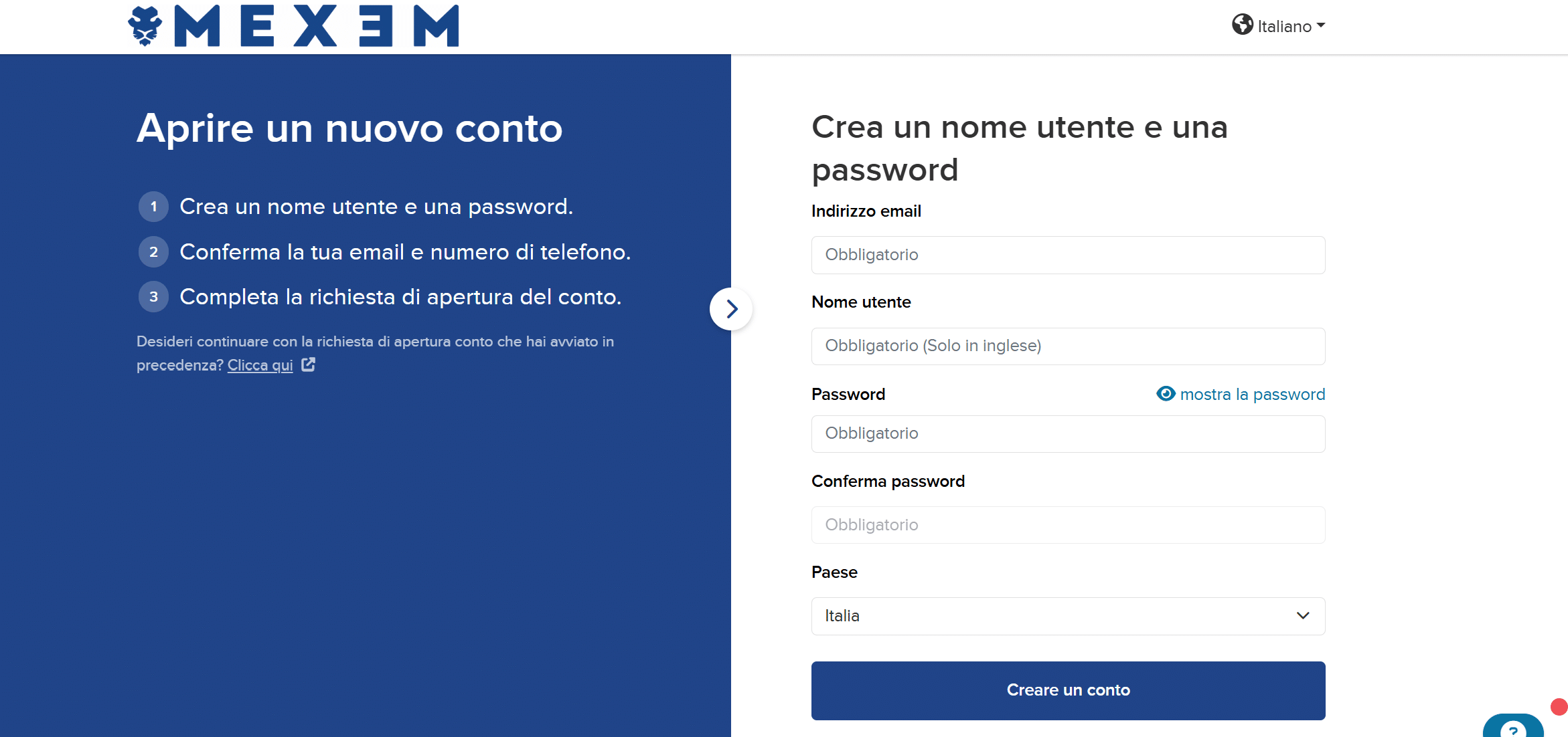 Conto aziendale MEXEM - registrazione