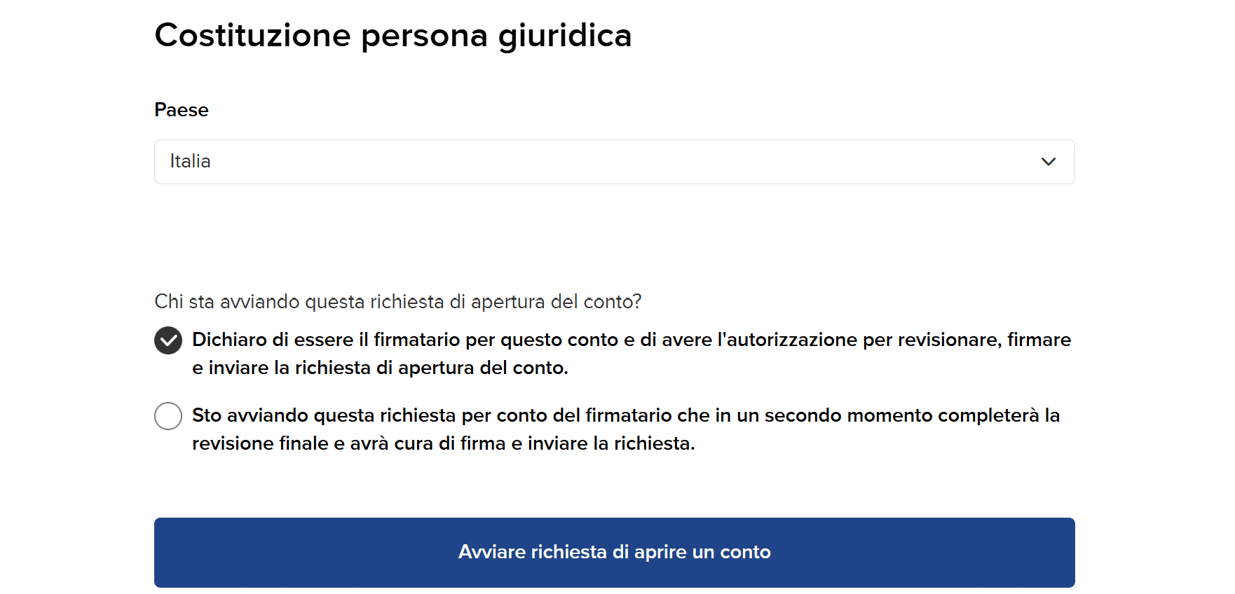 Avvio richiesta apertura conto - costituzione persona giuridica MEXEM