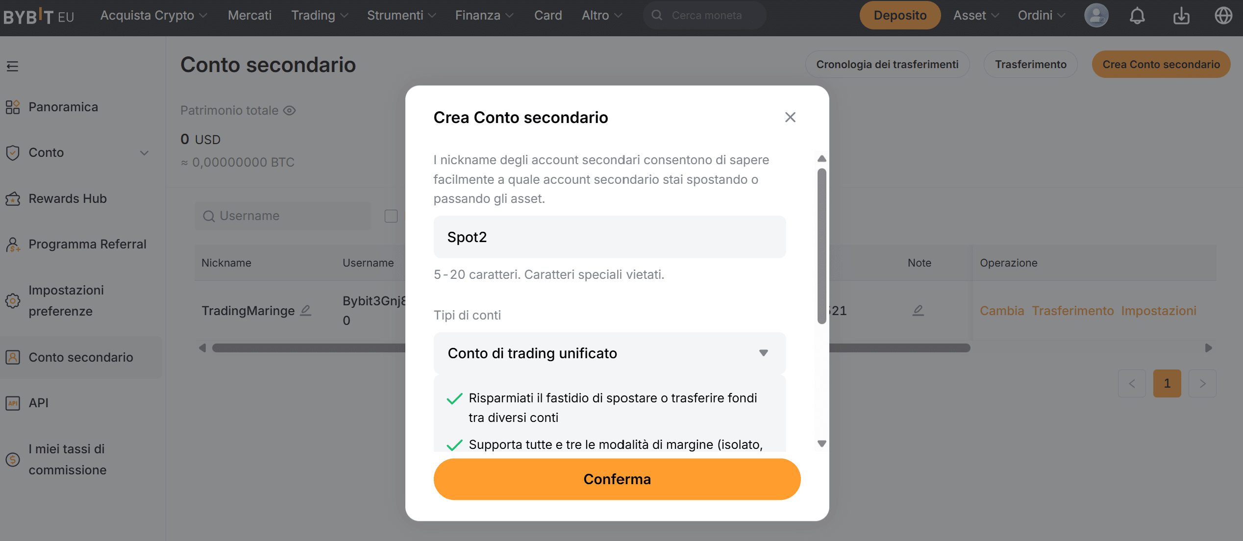 Denominazione sottoconto Bybit EU