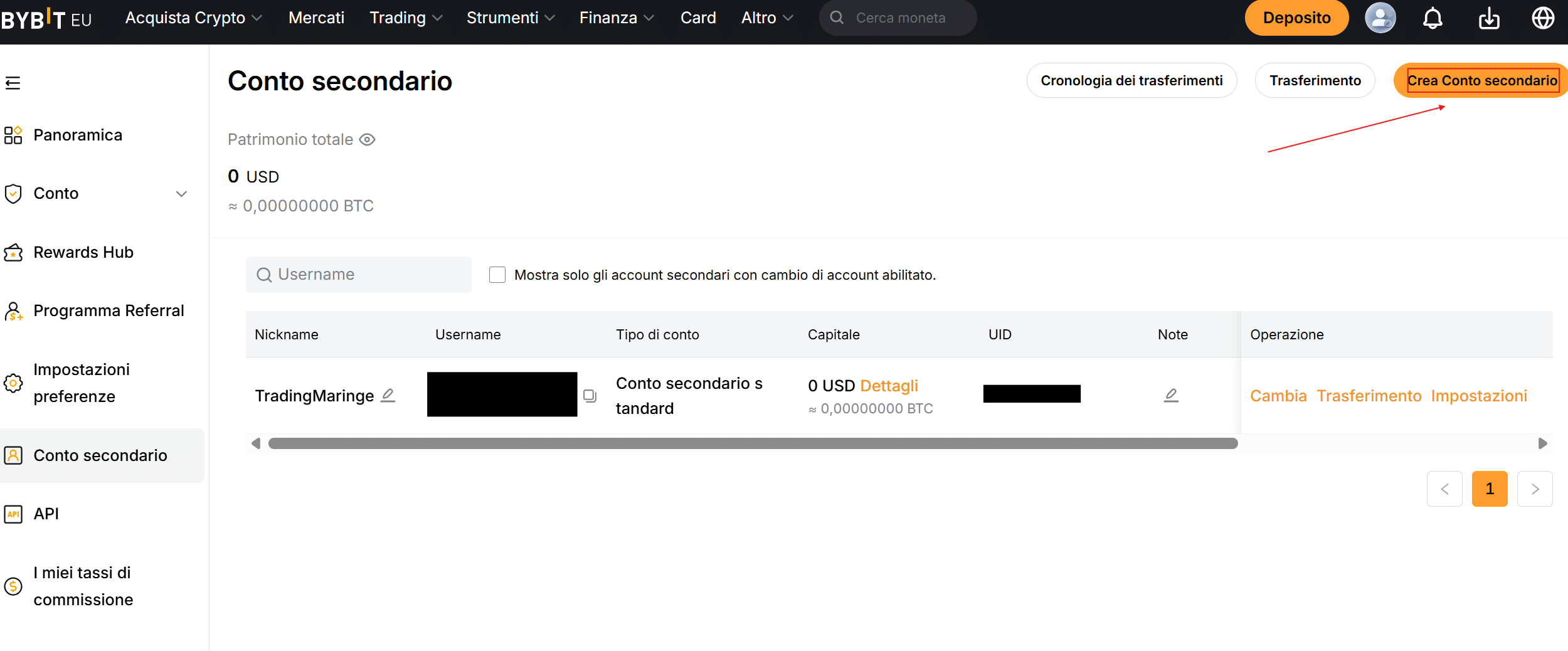 Generazione conto secondario su Bybit EU
