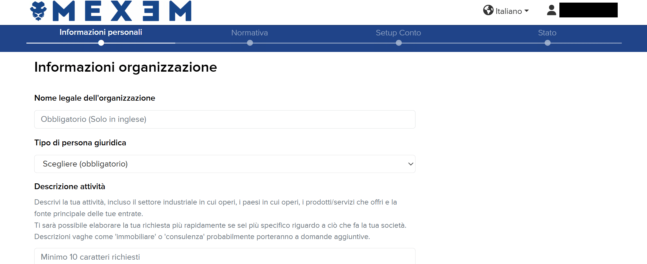 Inserimento dati aziendali per il conto aziendale MEXEM