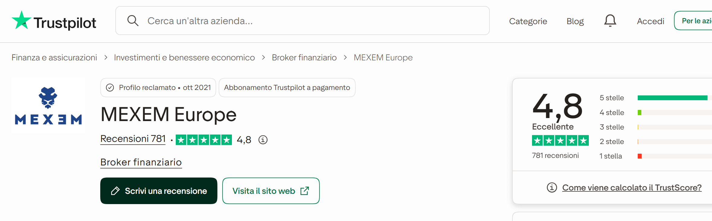 MEXEM conto aziendale su TrustPilot - recensioni
