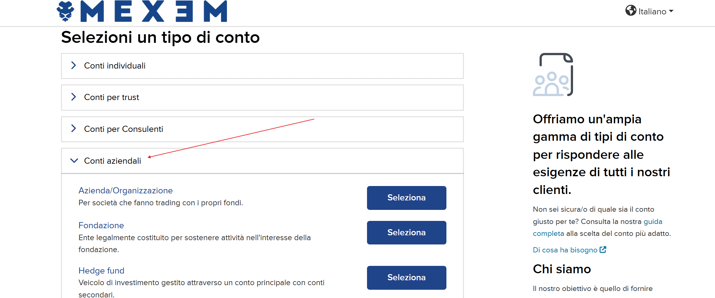 Selezione conto aziendale MEXEM