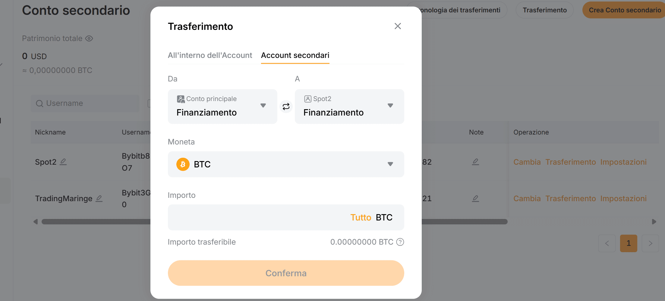 Trasferimento asset account secondari Bybit EU